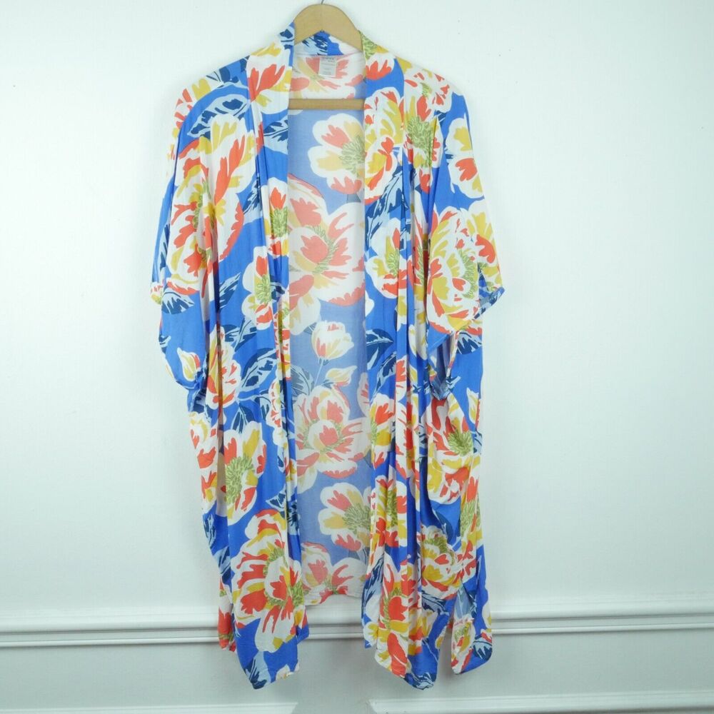 Skye One‎ Size Kimono Beach Cover Robe Topper Blue Floral Tropical Resort Beachy